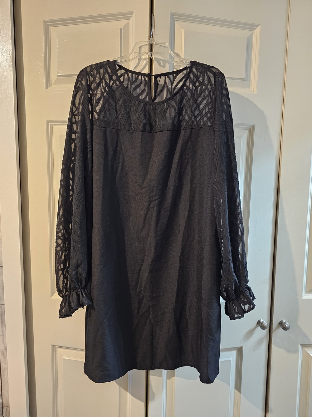 Sheer Yoke Long Sleeve Black Shift Dress XXL
